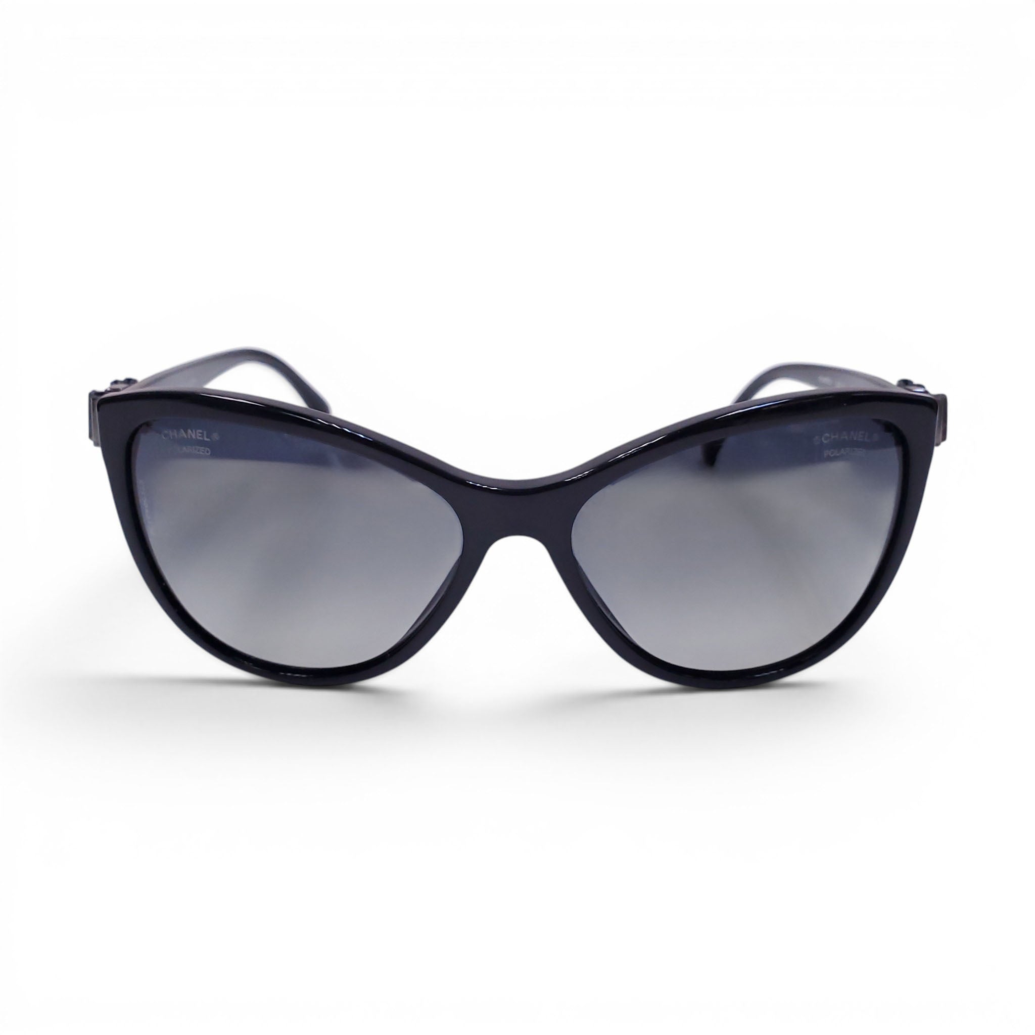 CHANEL BLACK SUNGLASSES WITH SILVER BOW LOGO DETAIL