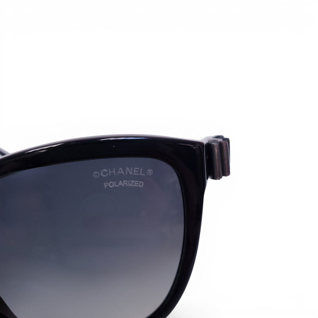 CHANEL BLACK SUNGLASSES WITH SILVER BOW LOGO DETAIL