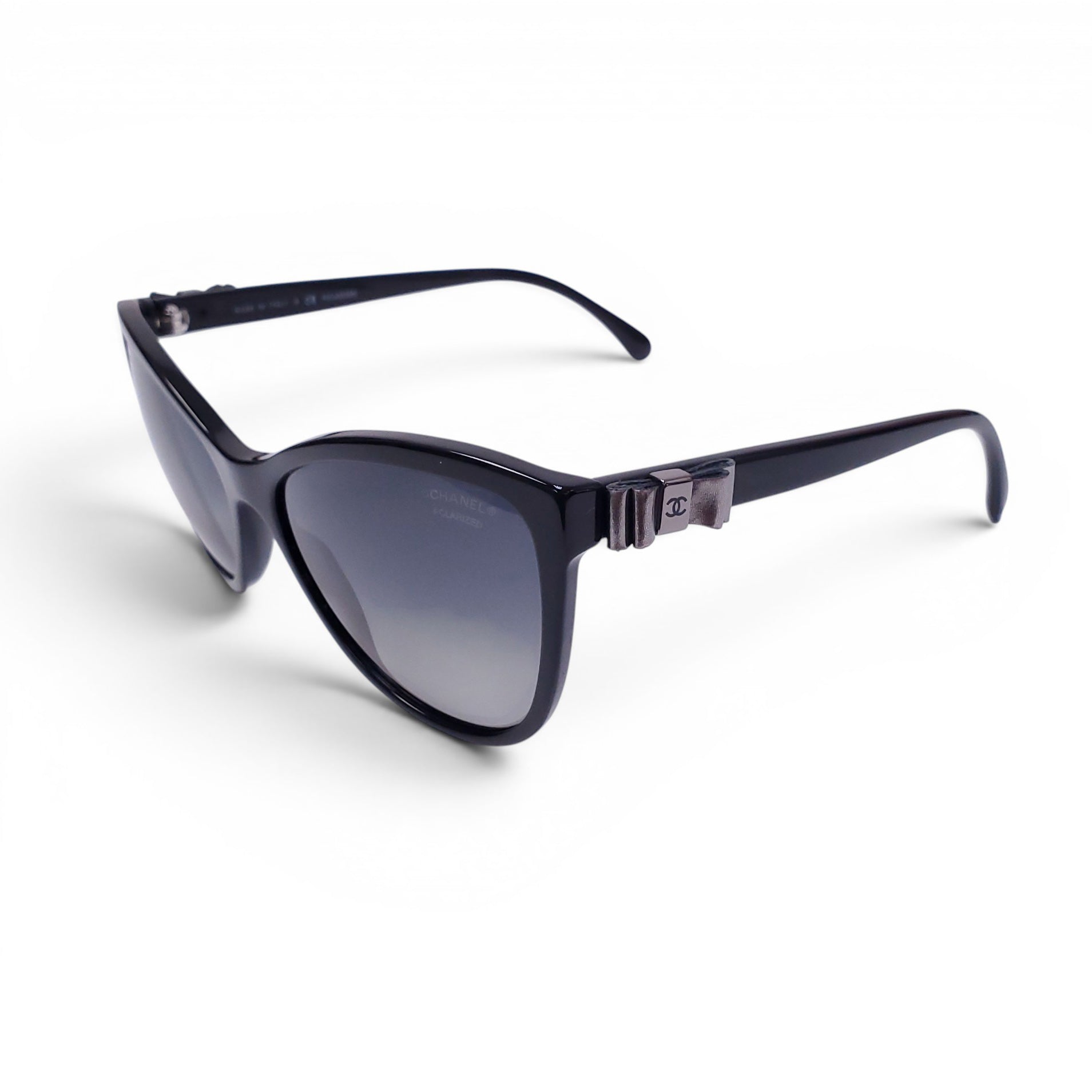 CHANEL BLACK SUNGLASSES WITH SILVER BOW LOGO DETAIL