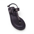 CHANEL 22C BLACK PATENT SILVER CHAIN CC LOGO SANDALS - SIZE 36.5