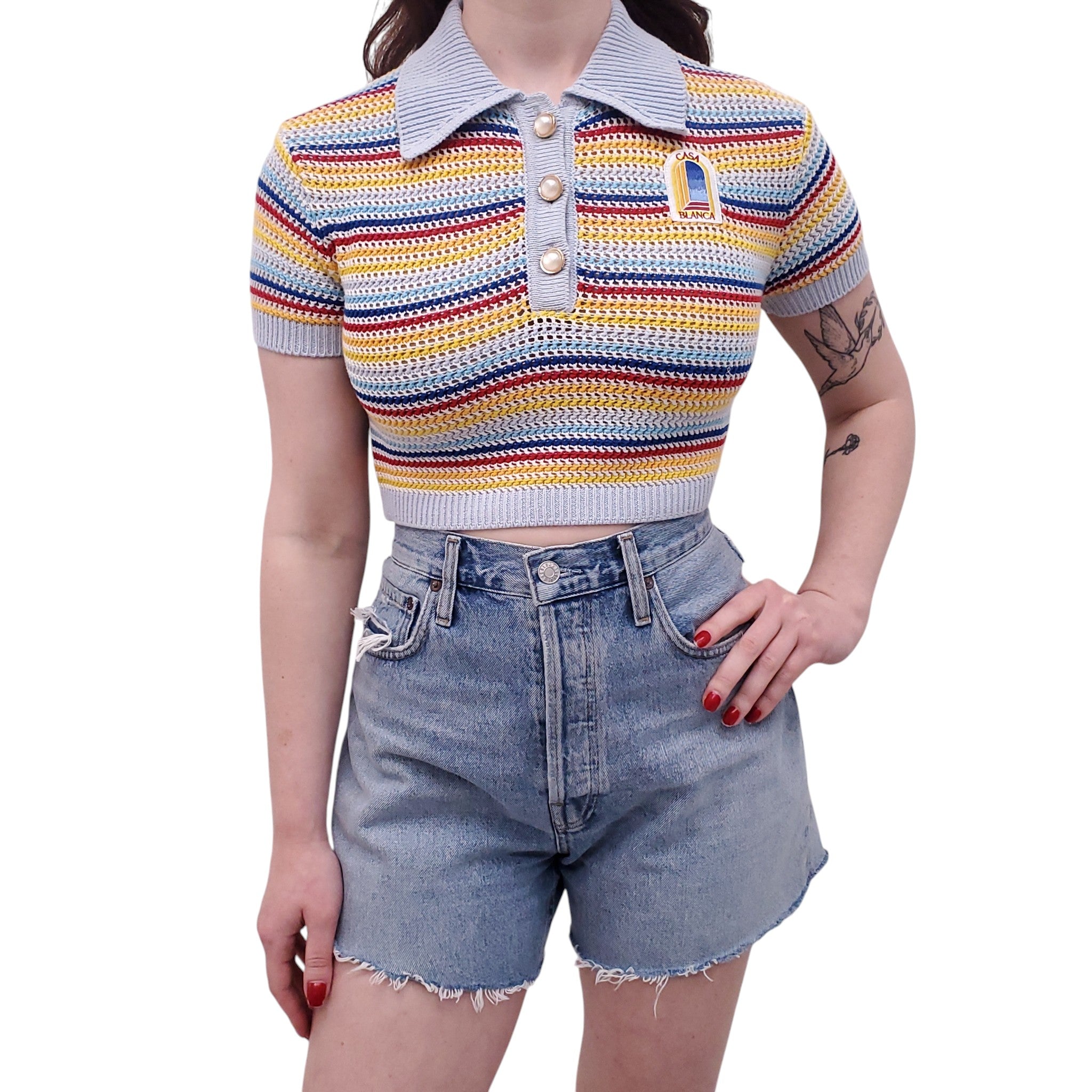 CASABLANCA CROCHET STRIPED POLO TOP WITH PEARL BUTTONS - SIZE M