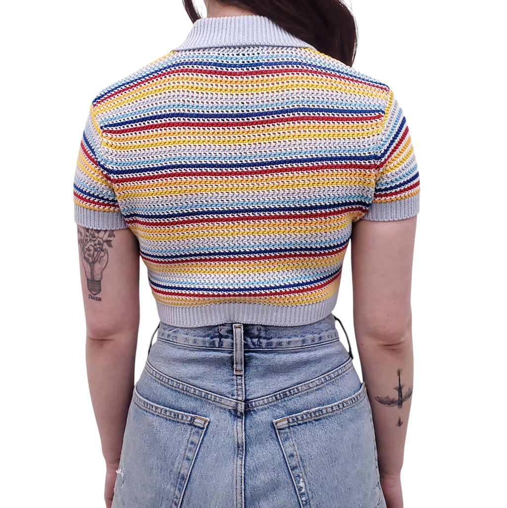 CASABLANCA CROCHET STRIPED POLO TOP WITH PEARL BUTTONS - SIZE M