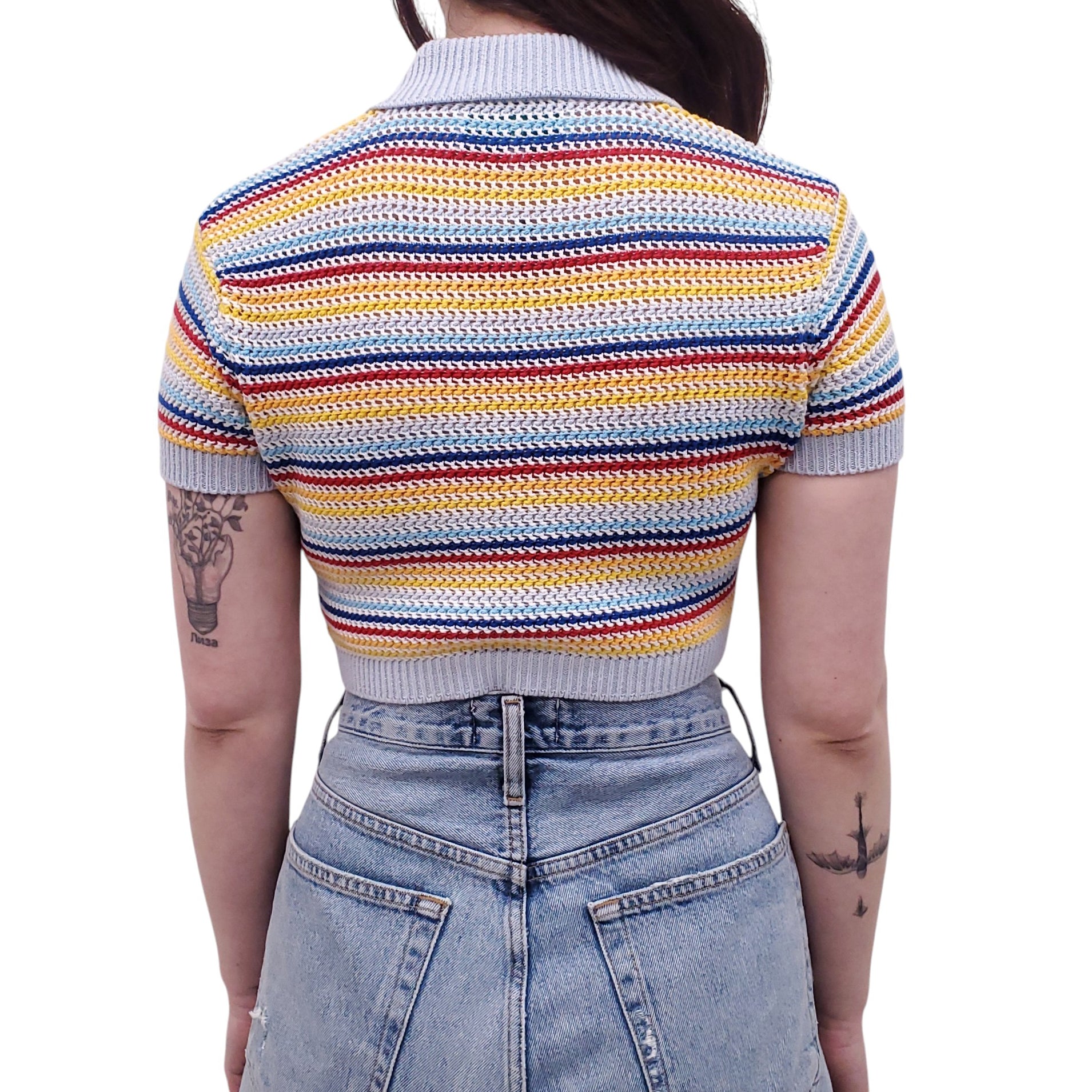 CASABLANCA CROCHET STRIPED POLO TOP WITH PEARL BUTTONS - SIZE M
