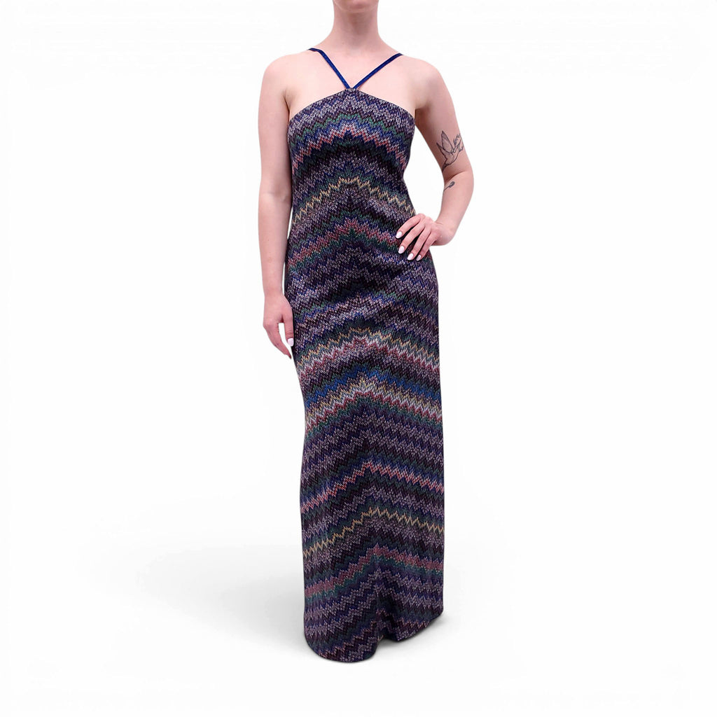 MISSONI PURPLE ZIGZAG HALTER MAXI DRESS - SIZE 42