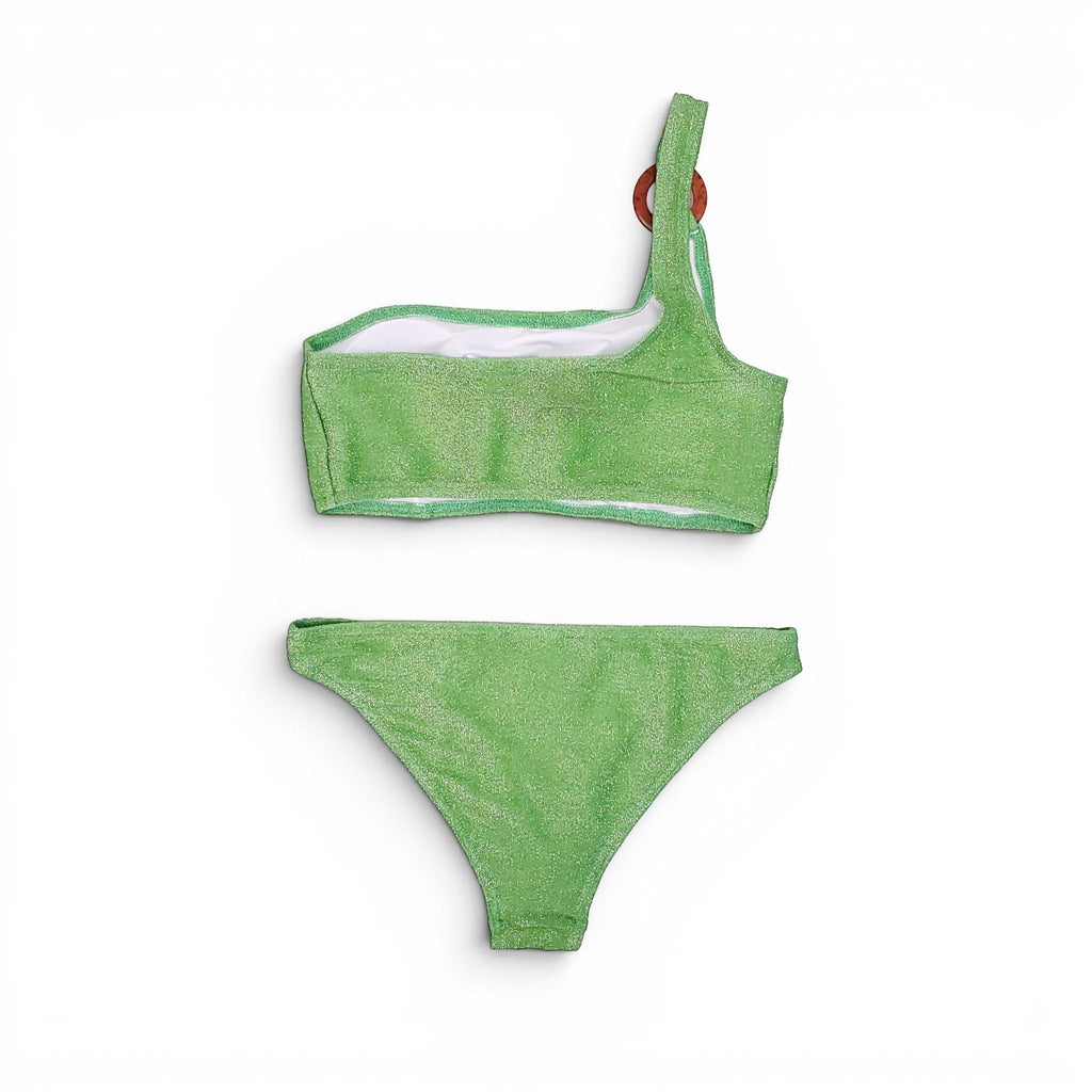 LES CANEBIERS GREEN METALLIC BIKINI WITH TORTOISE SHELL DETAIL - SIZE 38