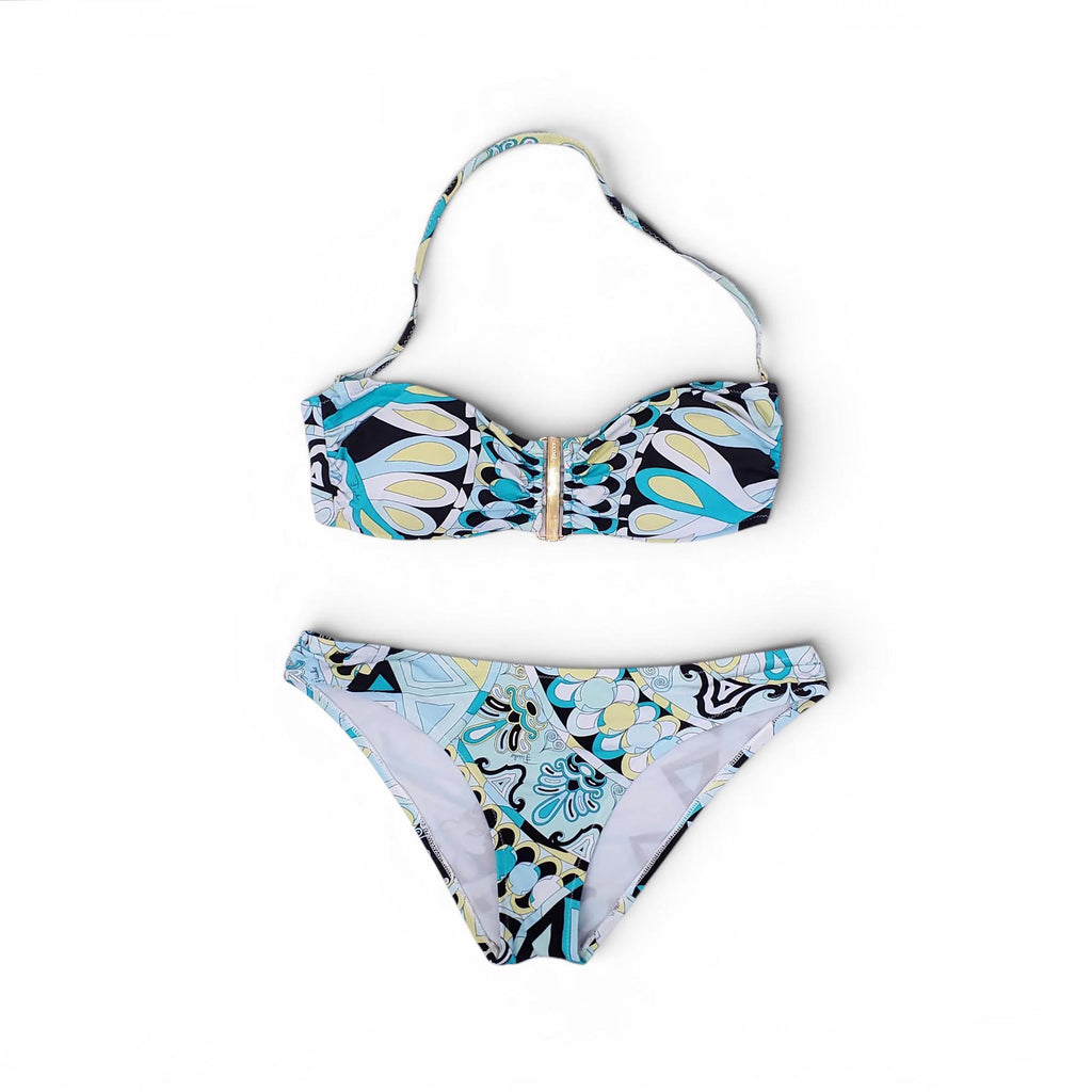 EMILIO PUCCI TURQUOISE AND YELLOW PATTERNED BIKINI - SIZE 40