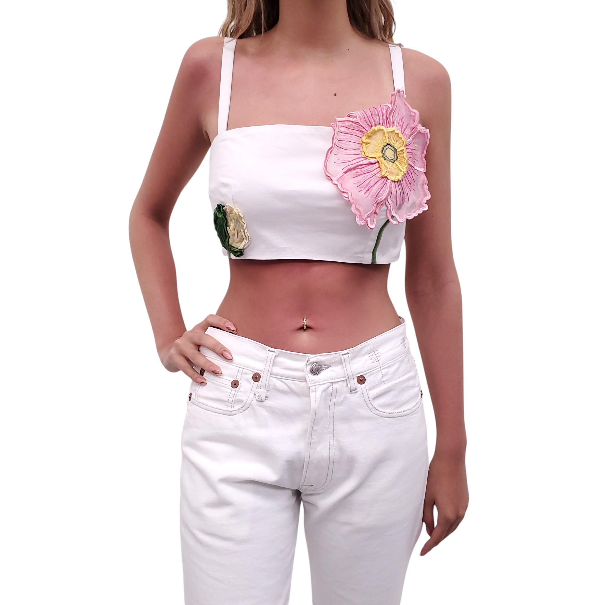 OSCAR DE LA RENTA CROPPED FLORAL COTTON BLEND POPLIN TOP - SIZE 6