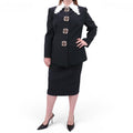 ANDREW GN BLACK SKIRT SUIT WITH FLORAL EYELET COLLAR AND CRYSTAL EMBLEM DETAILS - SIZE 46