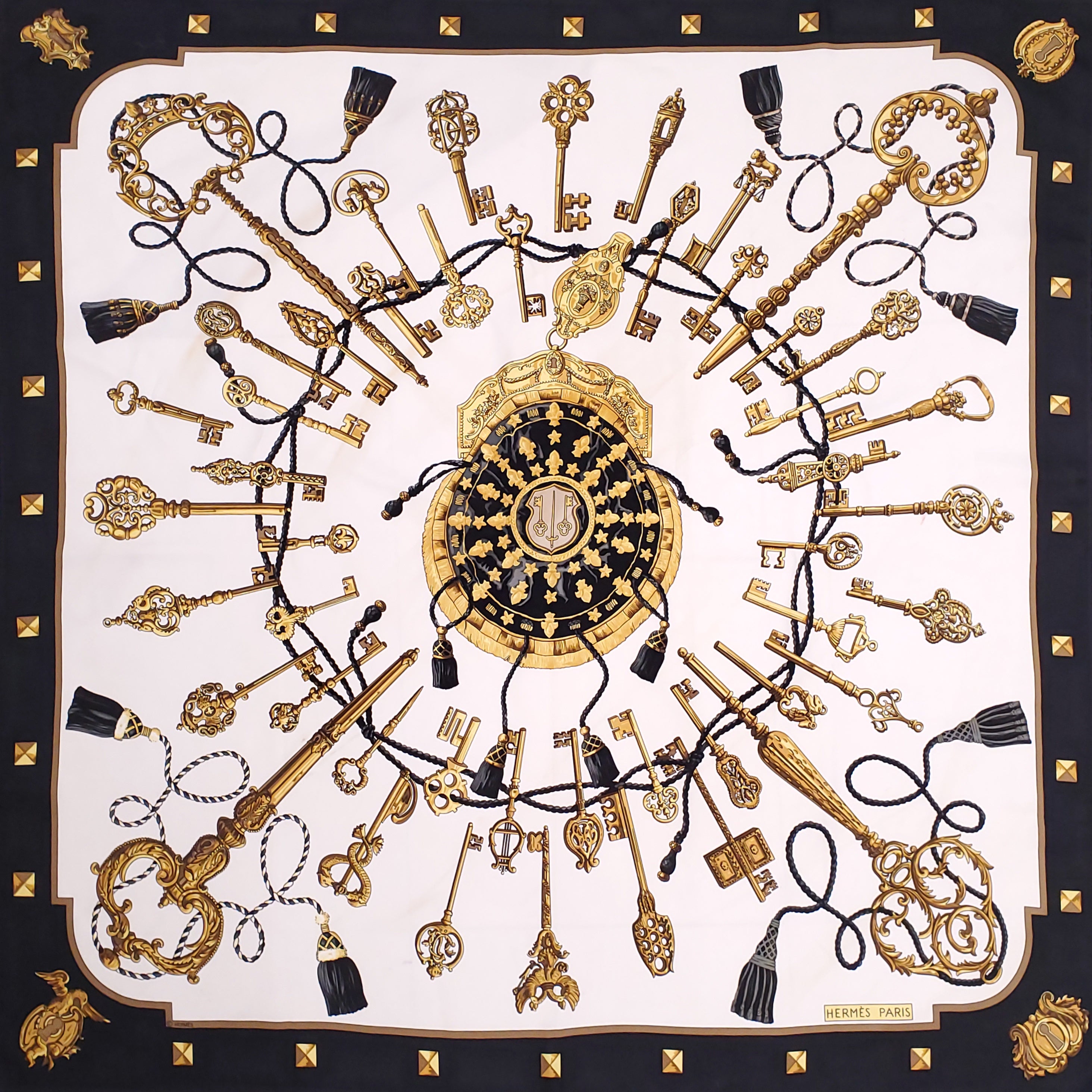 HERMÈS CREAM AND BLACK KEY PATTERNED SILK SCARF