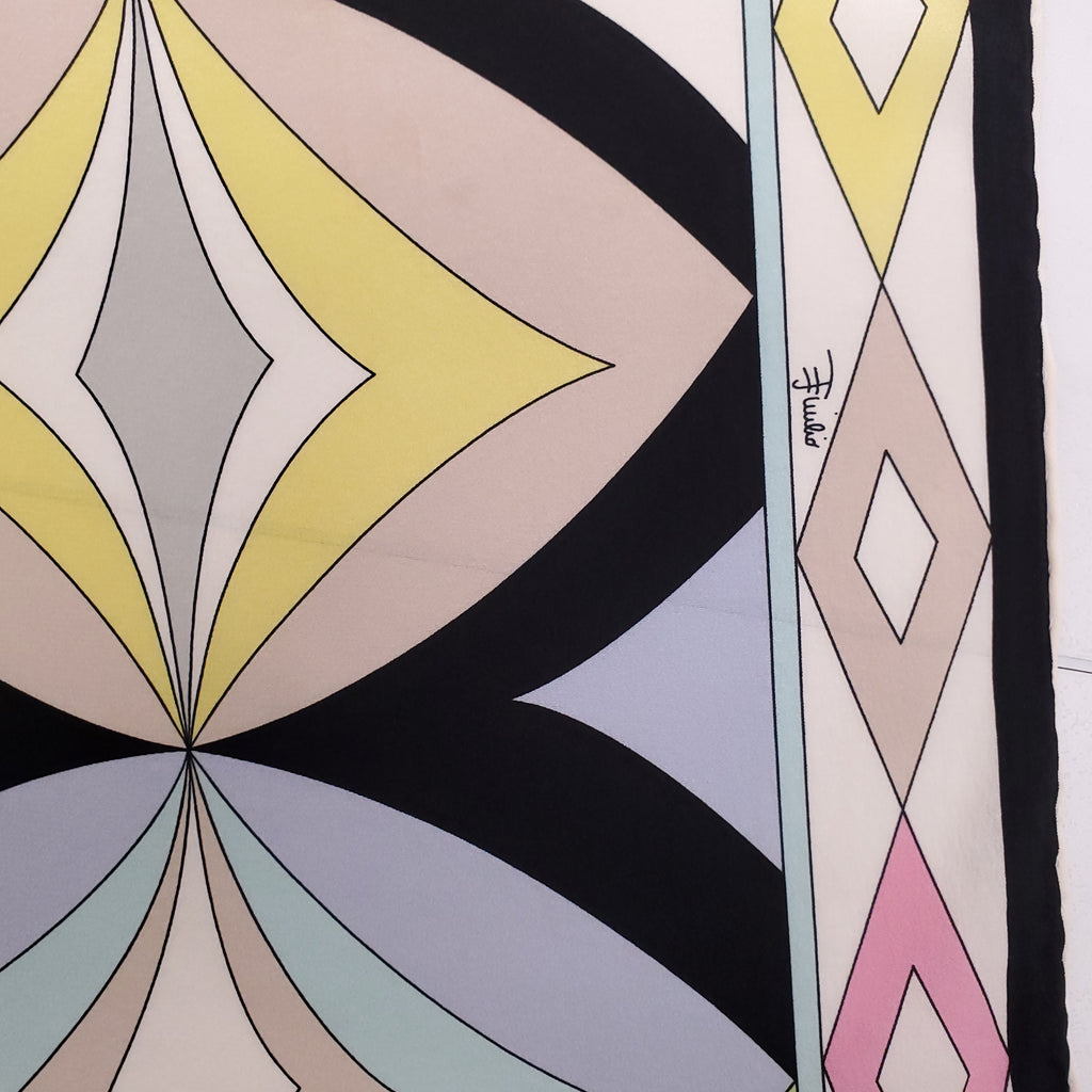 EMILIO PUCCI PASTEL AND BLACK GEOMETRIC PATTERNED SILK SCARF