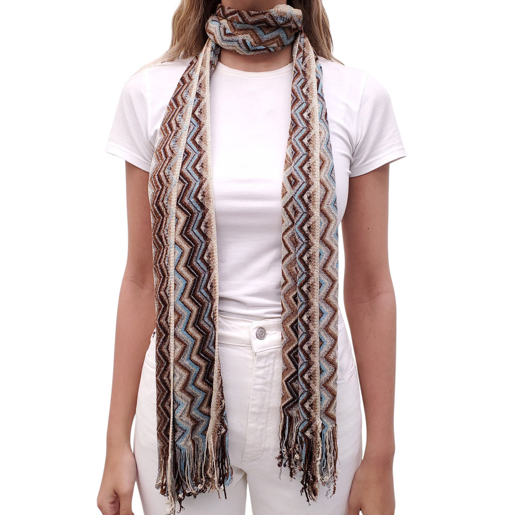 MISSONI BROWN AND BLUE ZIGZAG PATTERNED SCARF