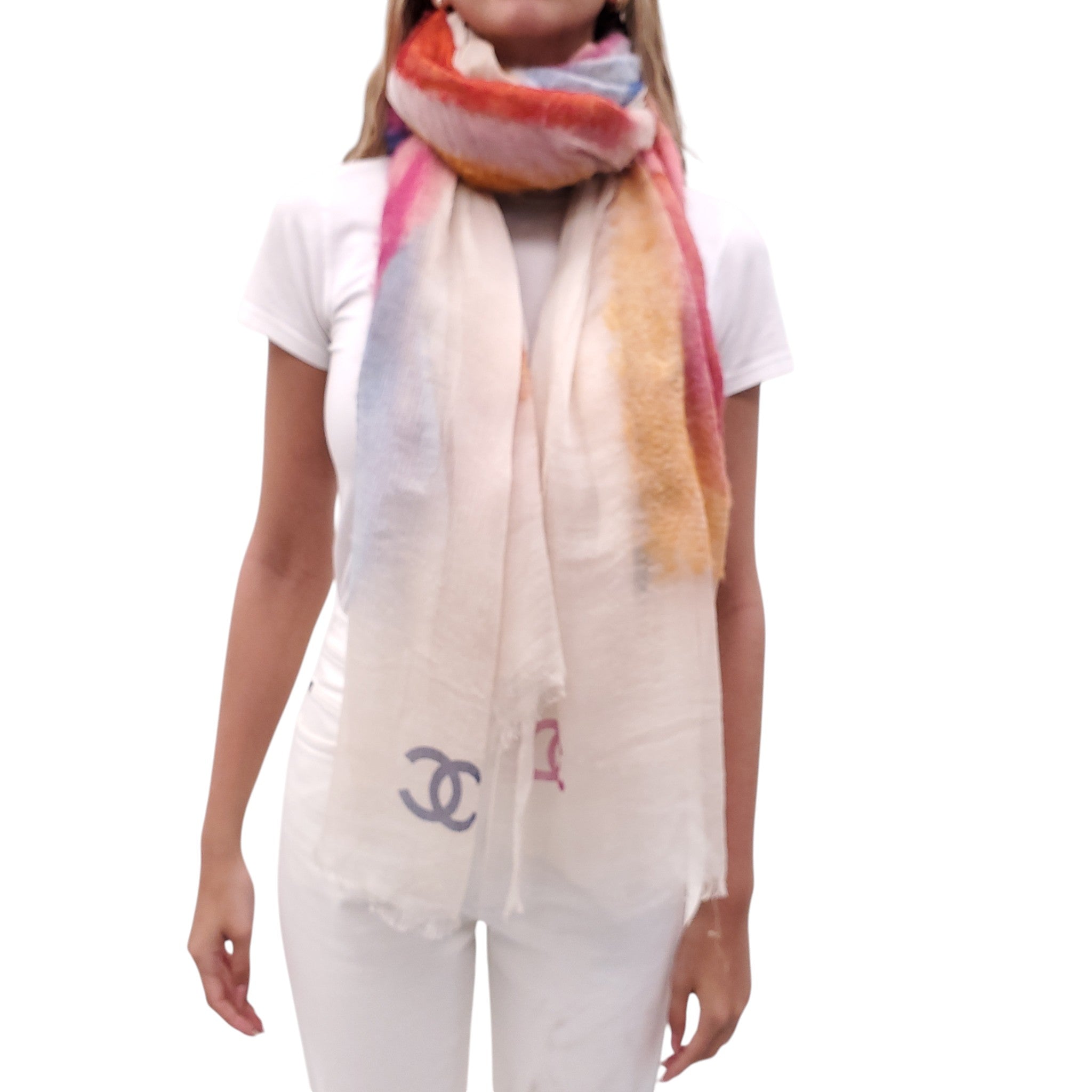 CHANEL MULTICOLOURED CC LOGO WOOL SCARF