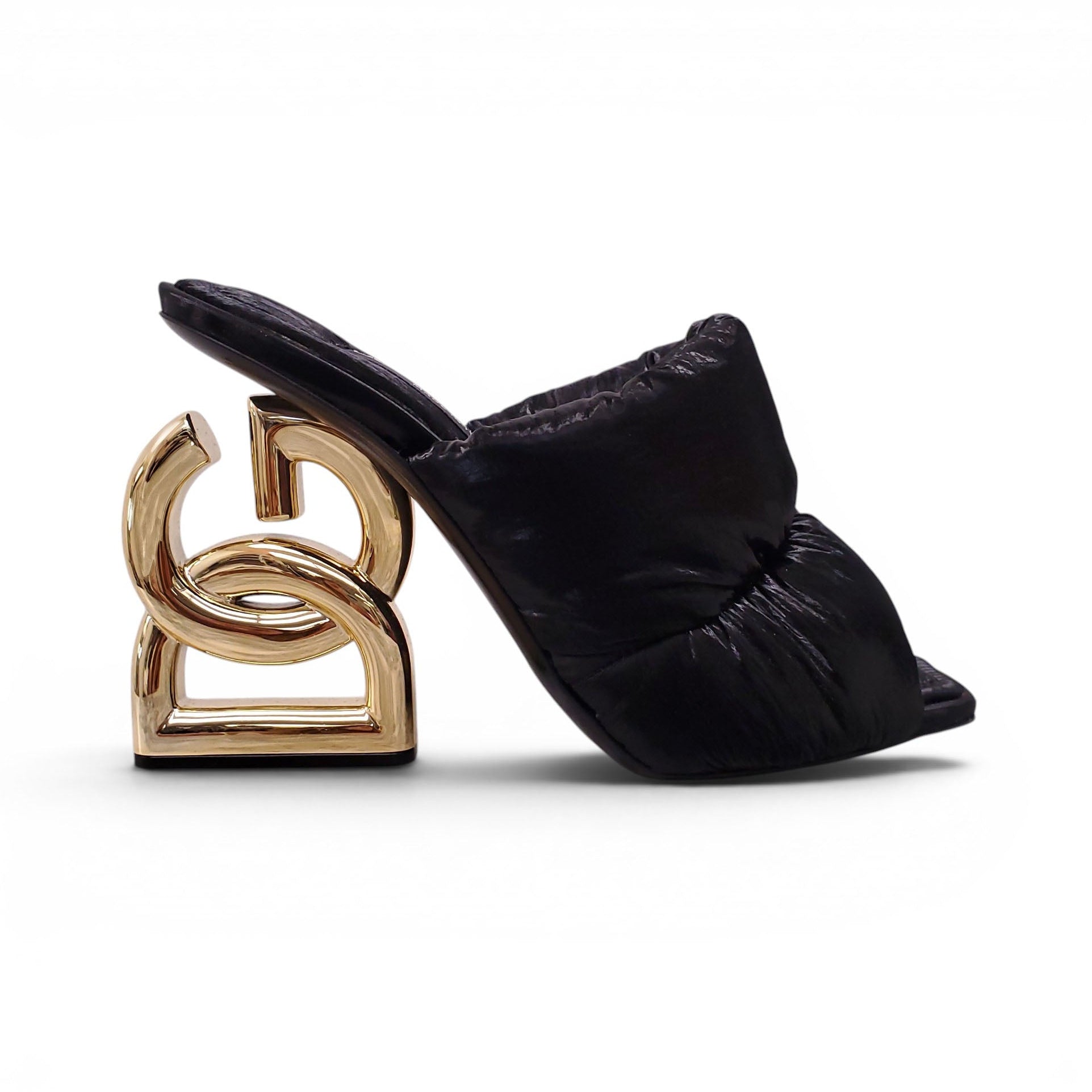 DOLCE & GABBANA BLACK PUFFER LOGO HEELS - SIZE 38