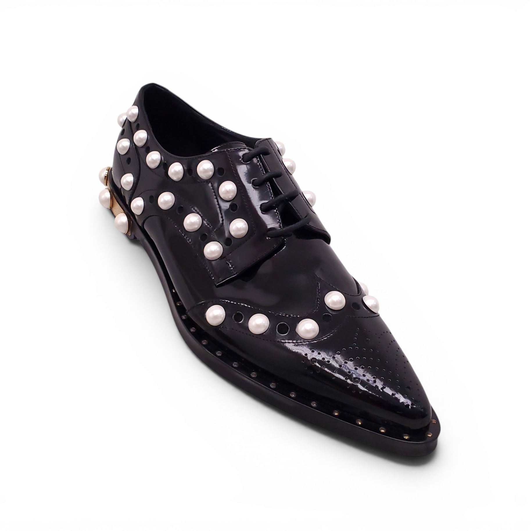 DOLCE & GABBANA BLACK PATENT PEARL OXFORDS - SIZE 40.5