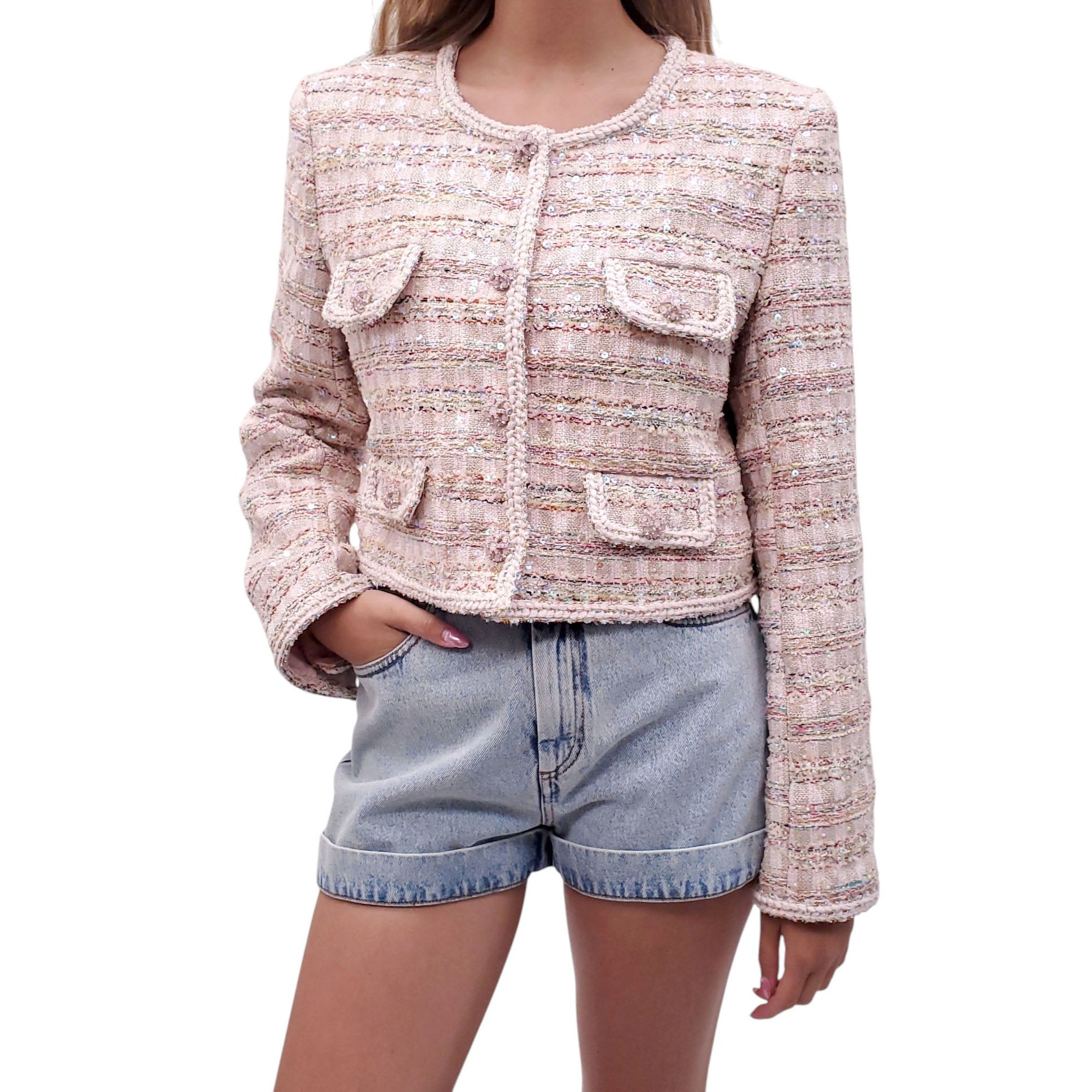 SELF-PORTRAIT BLUSH PINK TWEED SEQUIN BEADED BLAZER - SIZE US 12