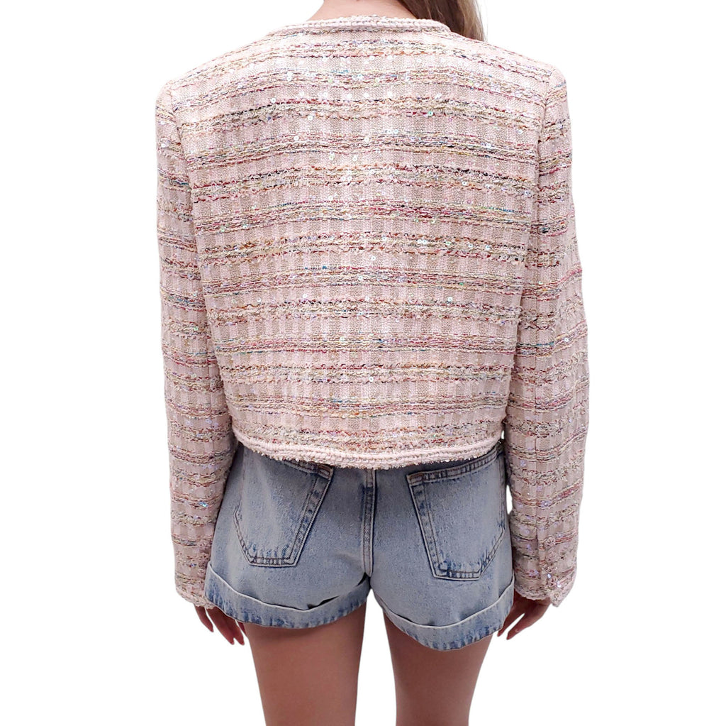SELF-PORTRAIT BLUSH PINK TWEED SEQUIN BEADED BLAZER - SIZE US 12