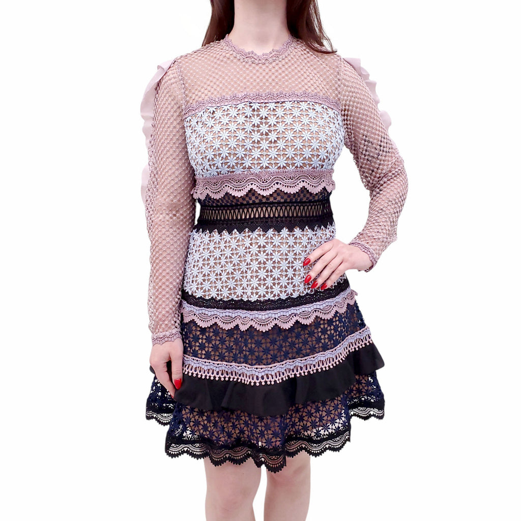 SELF-PORTRAIT MESH FLORAL LACE PANELLED DRESS - SIZE US 8