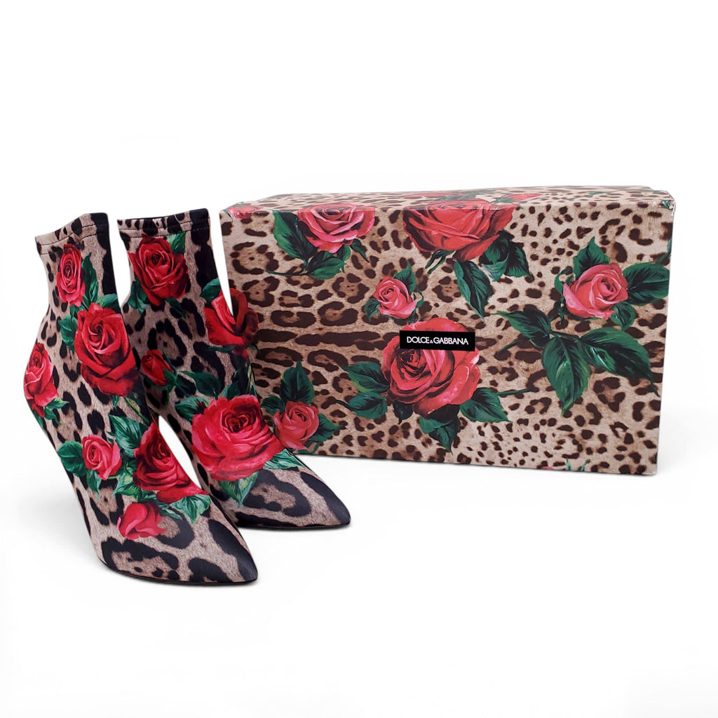 DOLCE & GABBANA ROSE LEOPARD PRINT STRETCH BOOTIES - SIZE 36.5