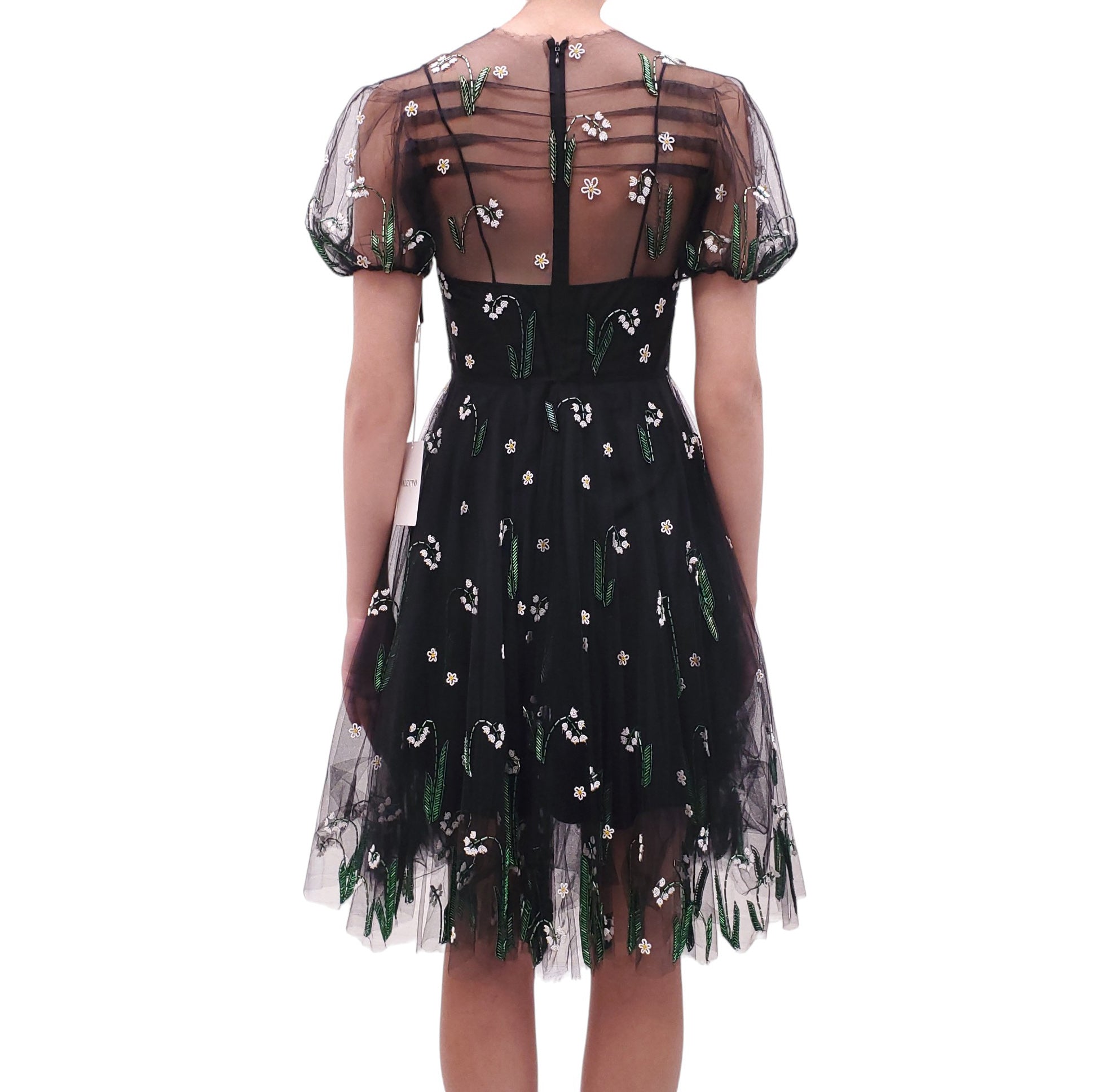 VALENTINO BLACK BEADED TULLE MINI DRESS - SIZE 40