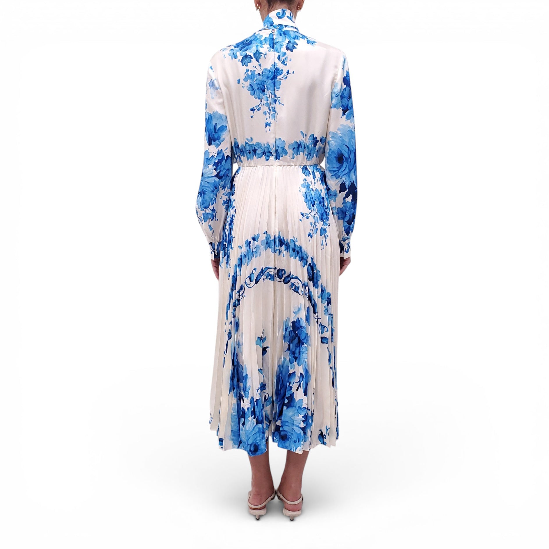 VALENTINO CREAM AND BLUE FLORAL PLEATED DRESS - SIZE 40