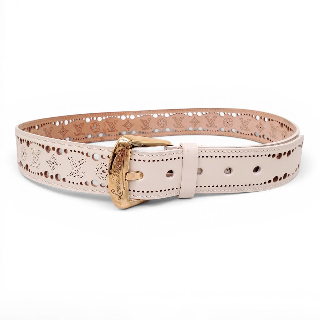 LOUIS VUITTON CREAM LOGO LAZER CUT BELT - SIZE 85