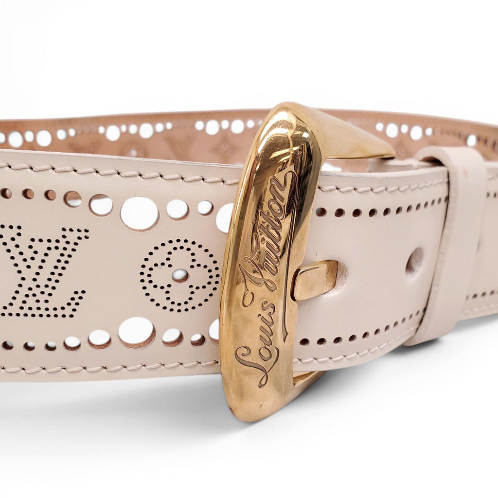 LOUIS VUITTON CREAM LOGO LAZER CUT BELT - SIZE 85