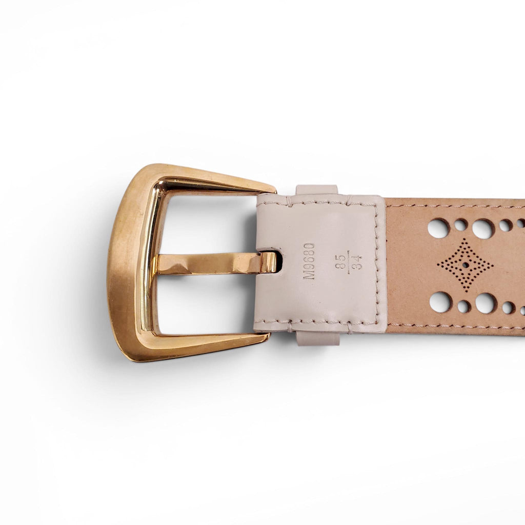 LOUIS VUITTON CREAM LOGO LAZER CUT BELT - SIZE 85