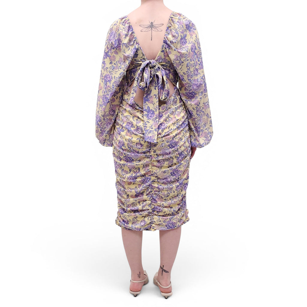 FOR LOVE & LEMONS YELLOW AND PURPLE PATTERNED DRESS - SIZE L