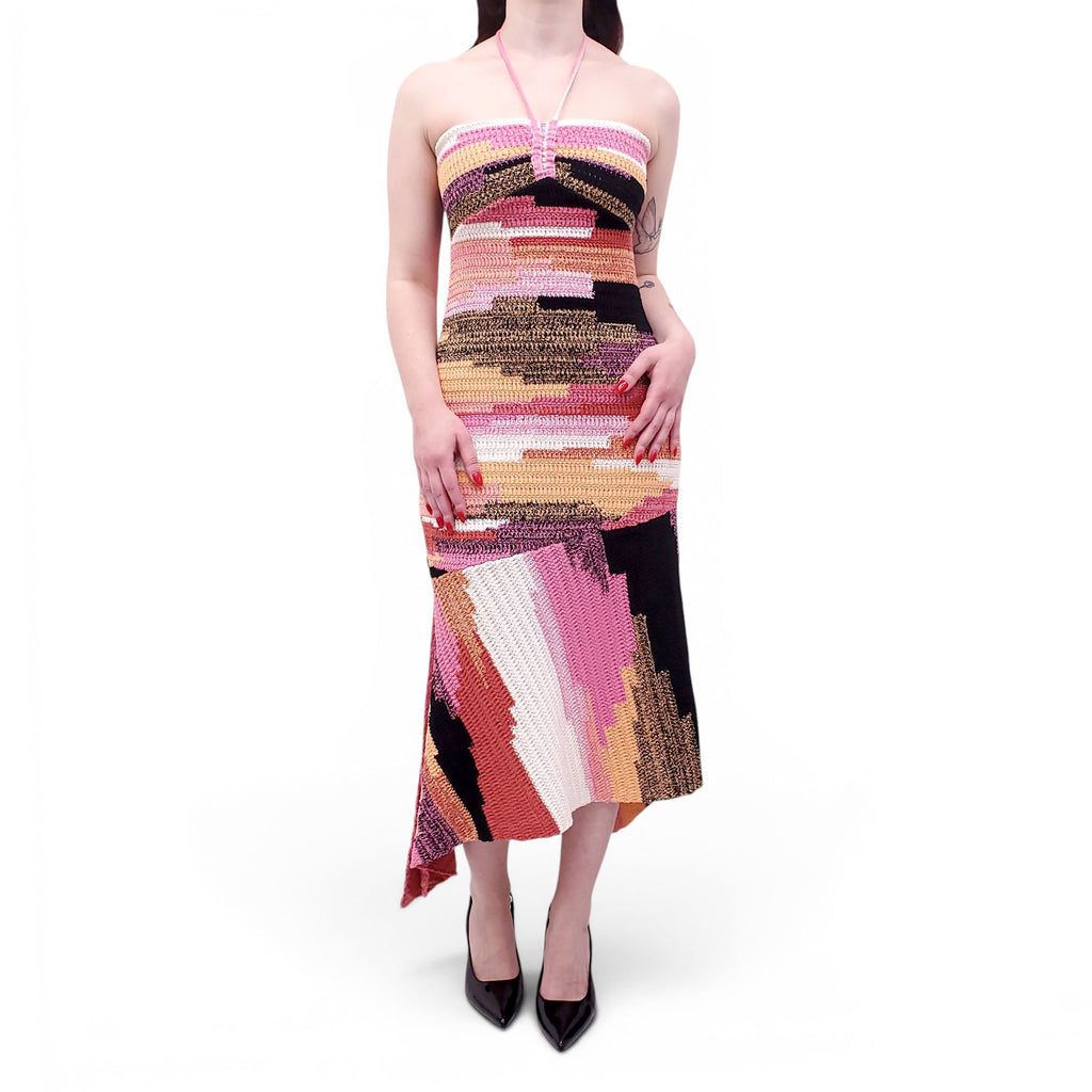 A.L.C. MULTICOLOUR CROCHET KNIT HALTER DRESS - SIZE S