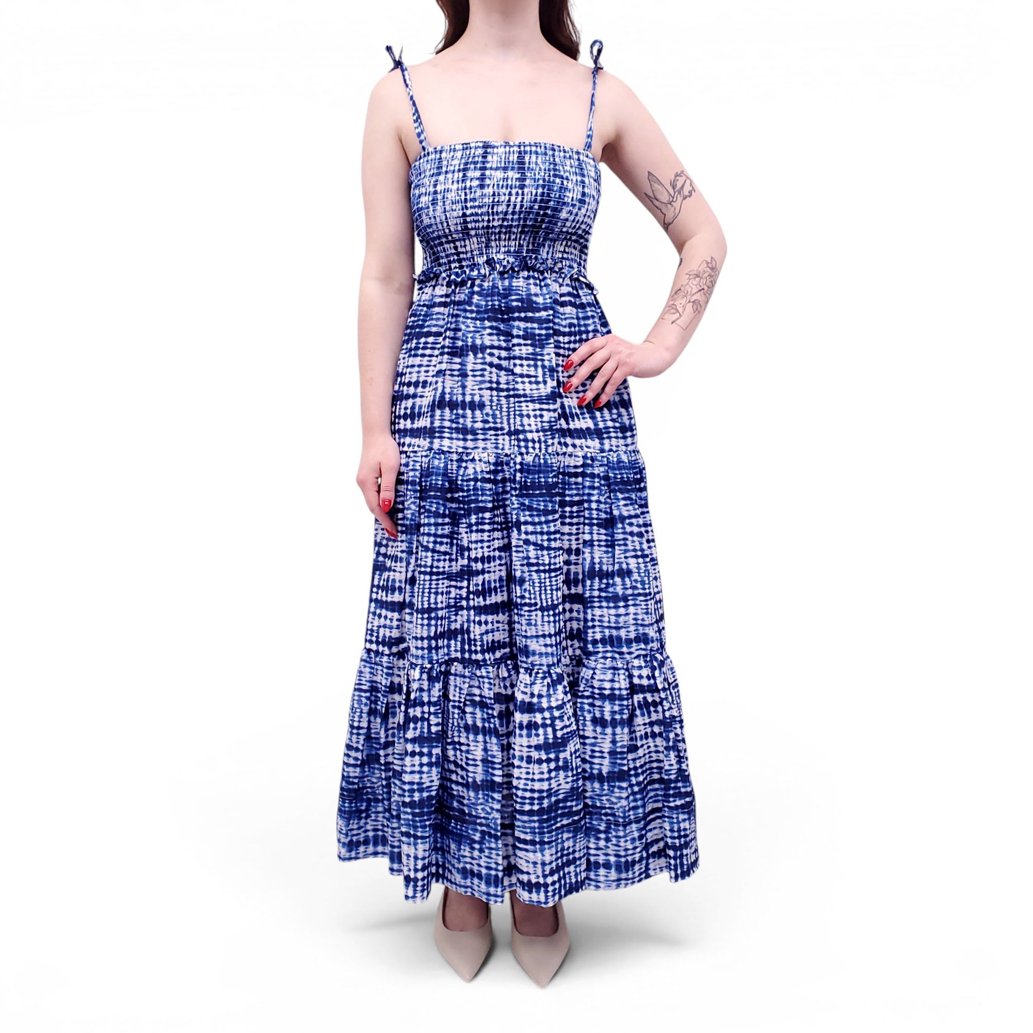 SOLID & STRIPED BLUE AND WHITE TIERED COTTON DRESS - SIZE XS