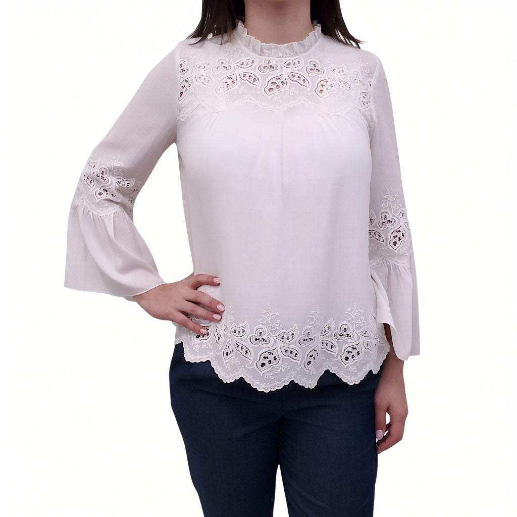 ULLA JOHNSON WHITE COTTON BLOUSE WITH EYELET DETAIL - SIZE 8