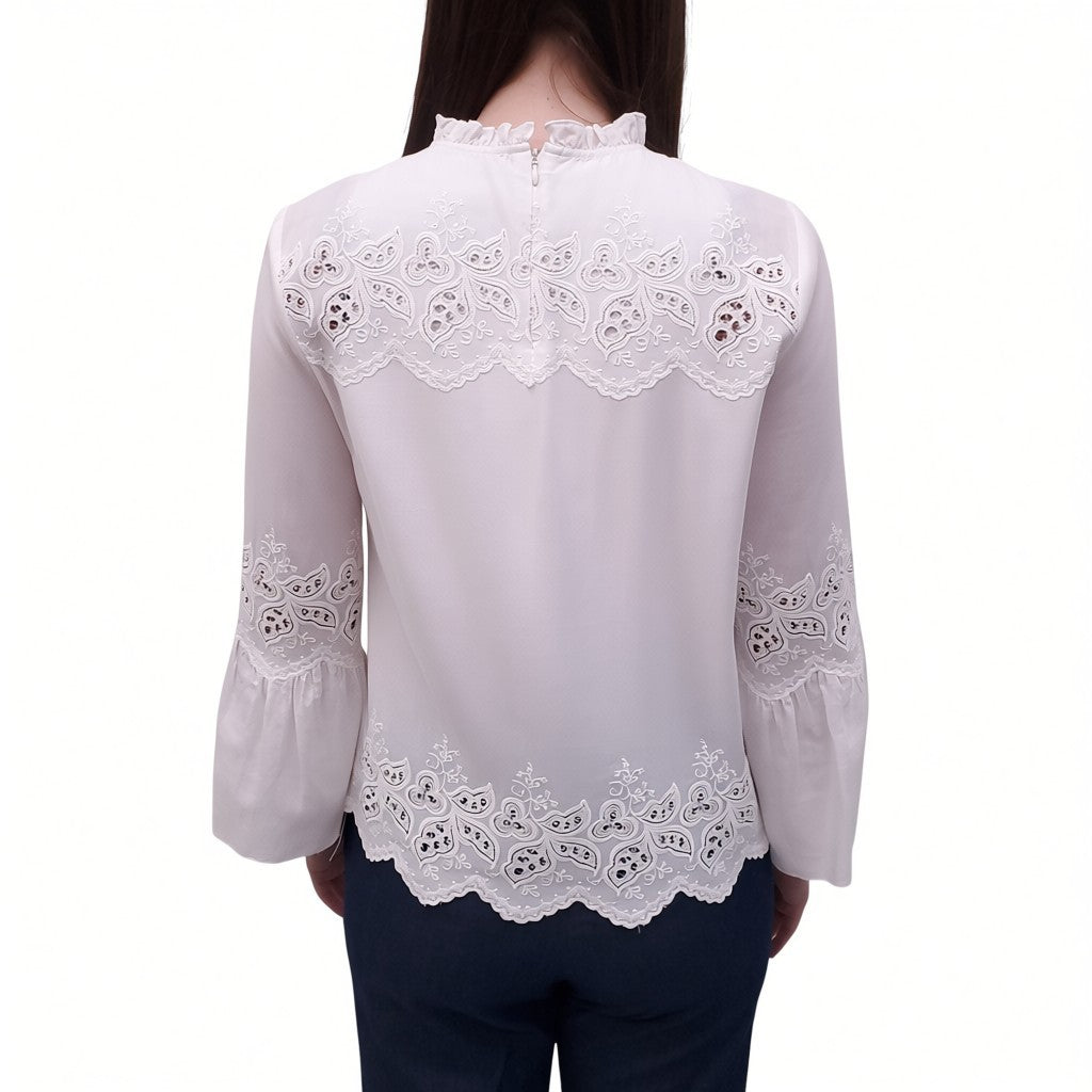 ULLA JOHNSON WHITE COTTON BLOUSE WITH EYELET DETAIL - SIZE 8