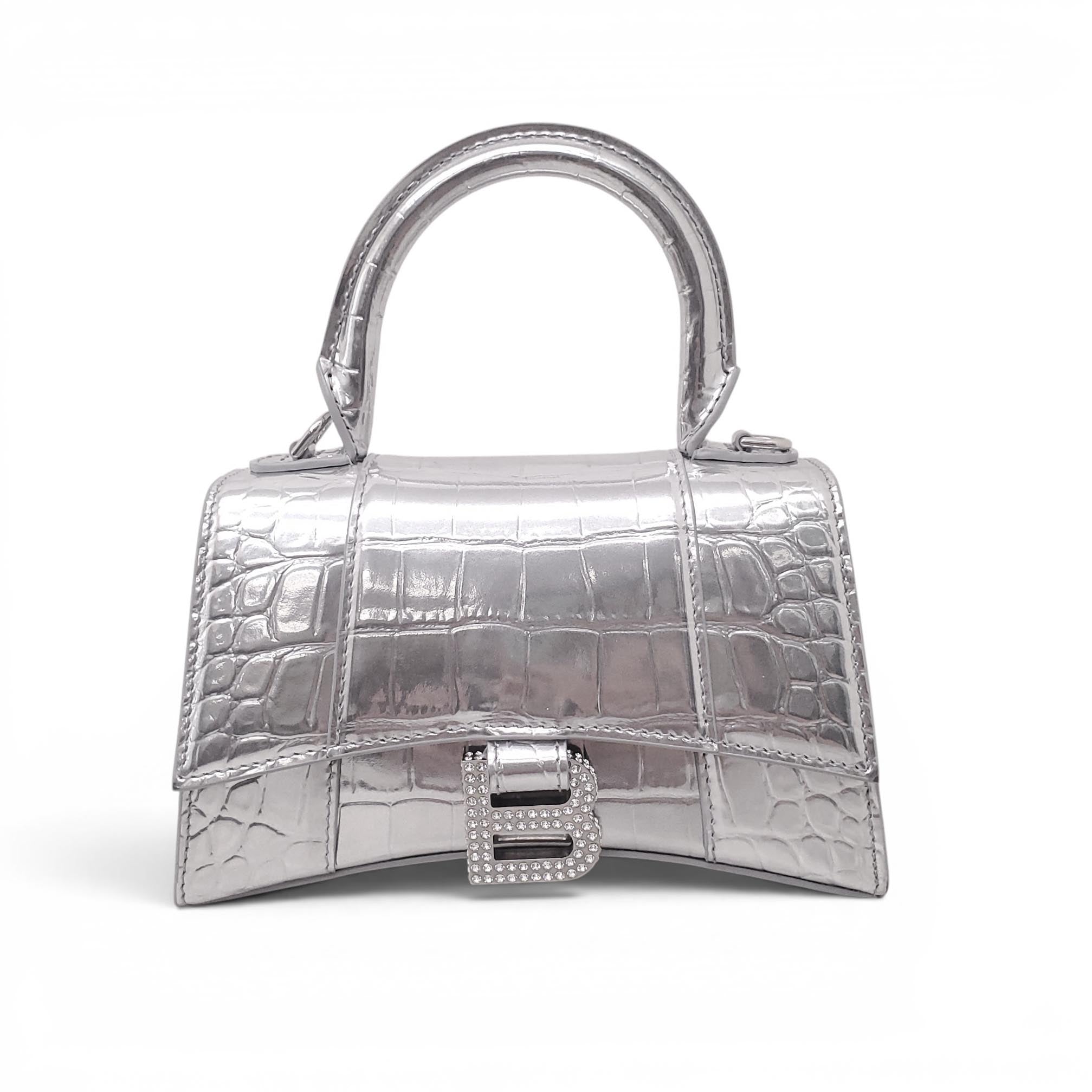 BALENCIAGA SILVER METALLIC CROC-EFFECT HOURGLASS BAG