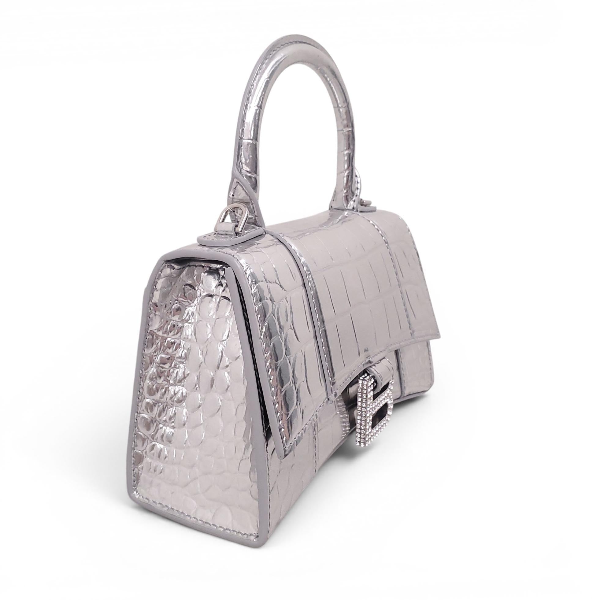 BALENCIAGA SILVER METALLIC CROC-EFFECT HOURGLASS BAG