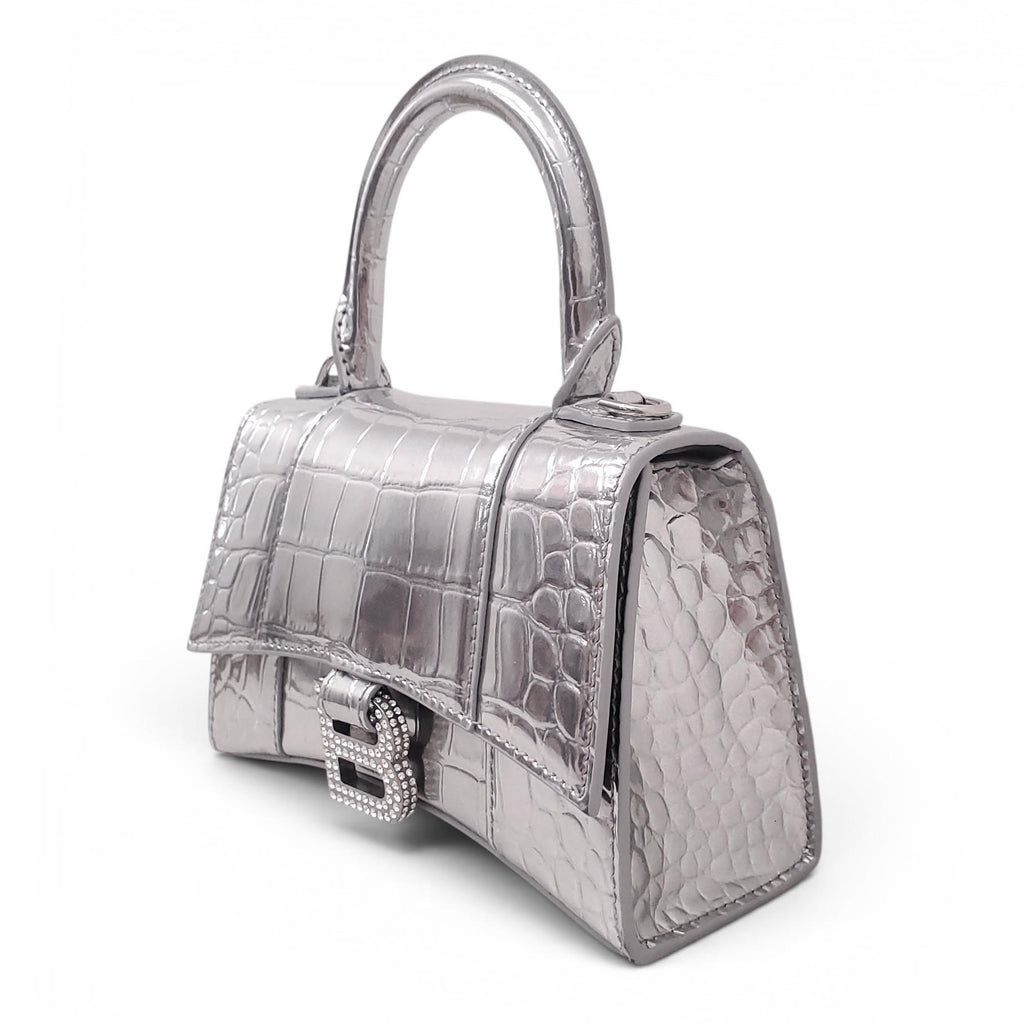 BALENCIAGA SILVER METALLIC CROC-EFFECT HOURGLASS BAG