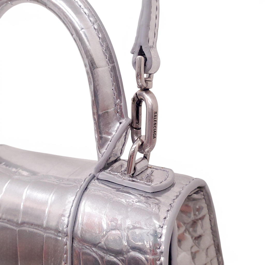 BALENCIAGA SILVER METALLIC CROC-EFFECT HOURGLASS BAG
