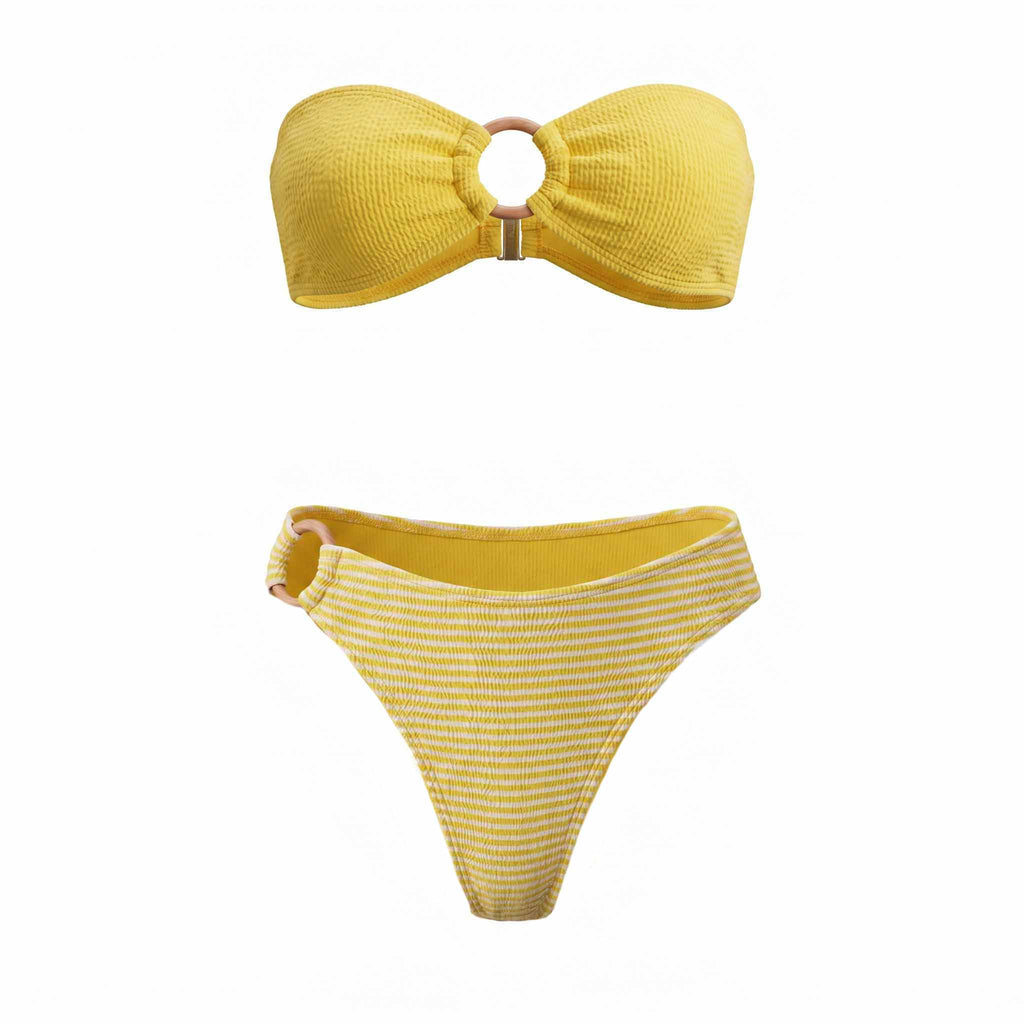 CLEONIE YELLOW STRIPED BIKINI WITH WOODEN DETAIL - SIZE O/S