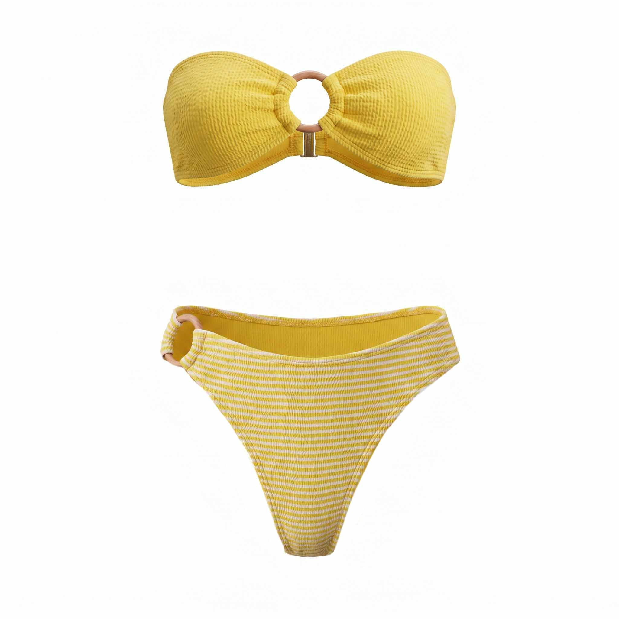CLEONIE YELLOW STRIPED BIKINI WITH WOODEN DETAIL - SIZE O/S