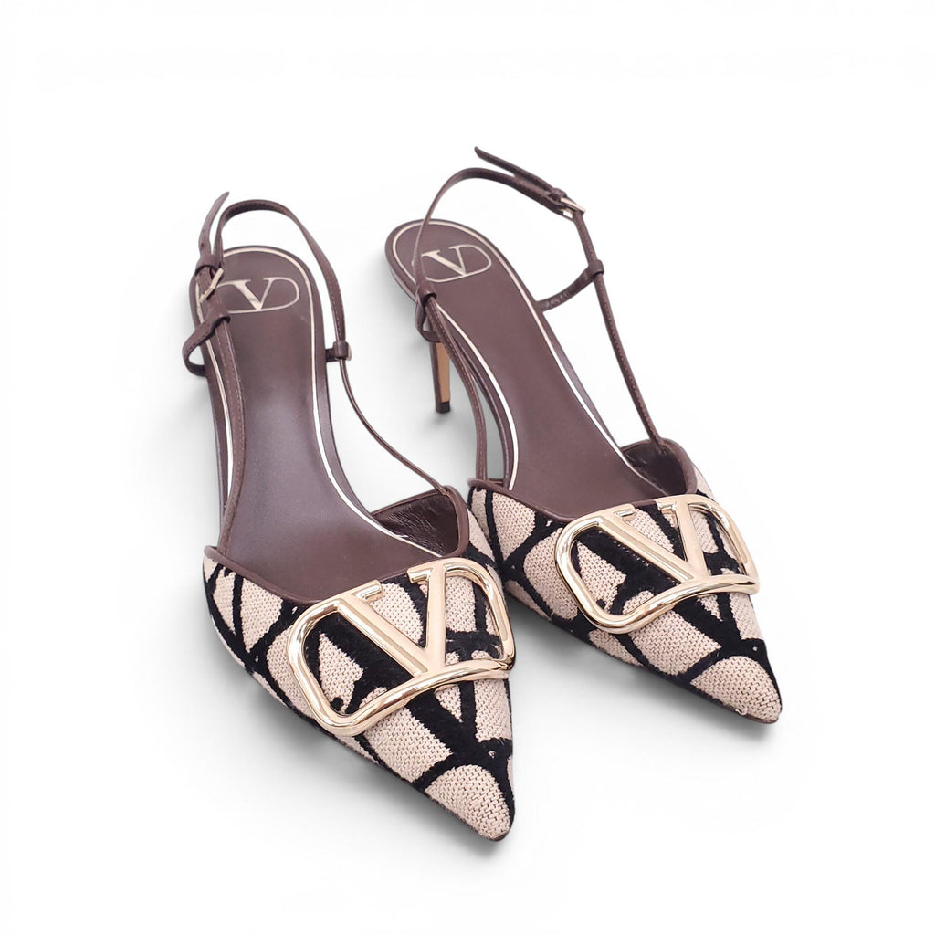 VALENTINO BROWN LOGO SLINGBACK HEELS WITH GOLD HARDWARE - SIZE 37.5