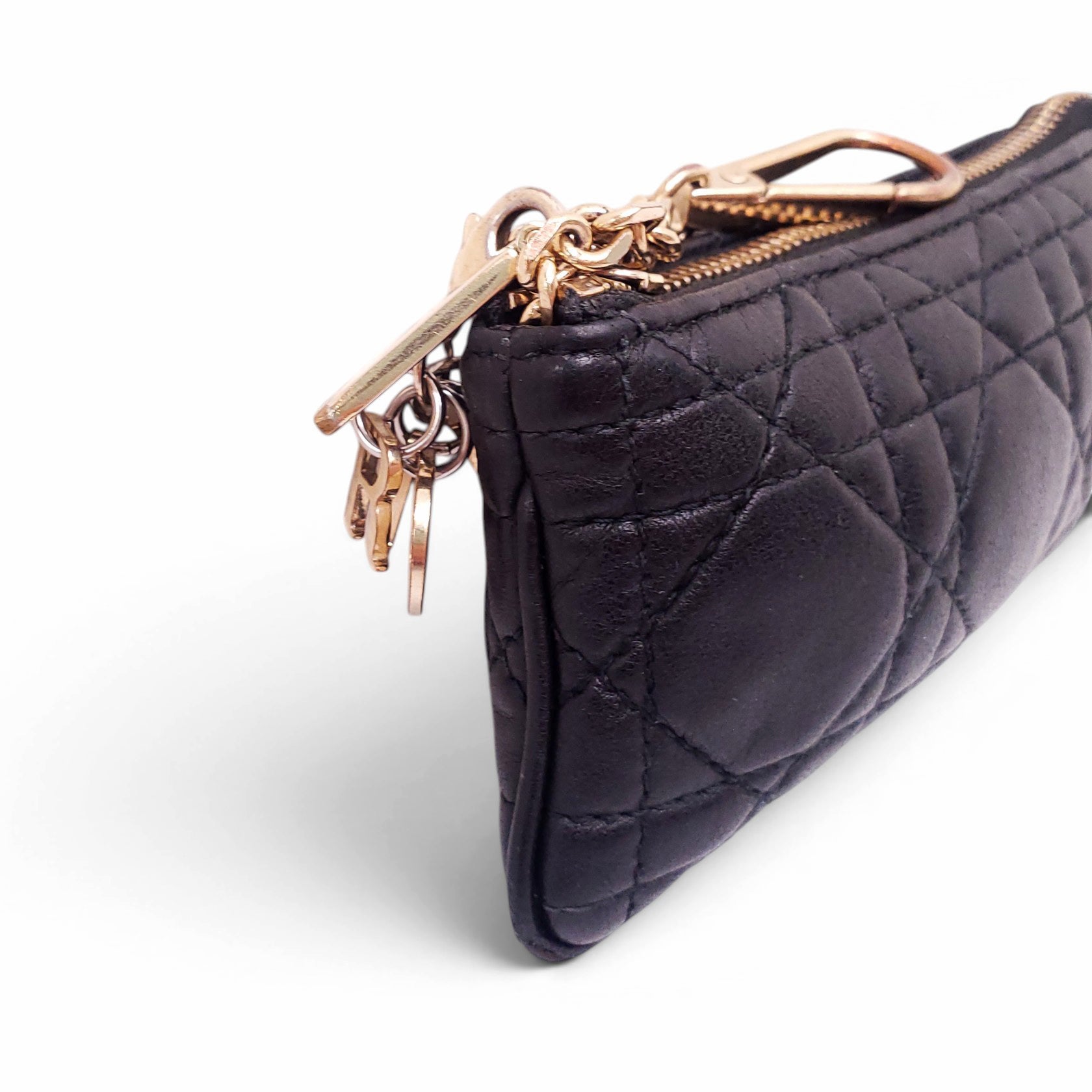 CHRISTIAN DIOR BLACK CANNAGE LEATHER KEYCHAIN WITH LOGO