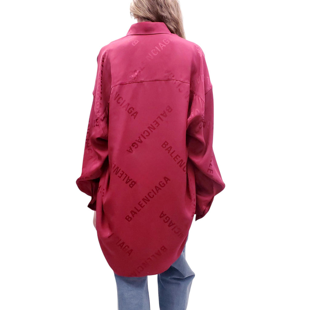BALENCIAGA OVERSIZED BURGUNDY LOGO PRINT BLOUSE - SIZE S