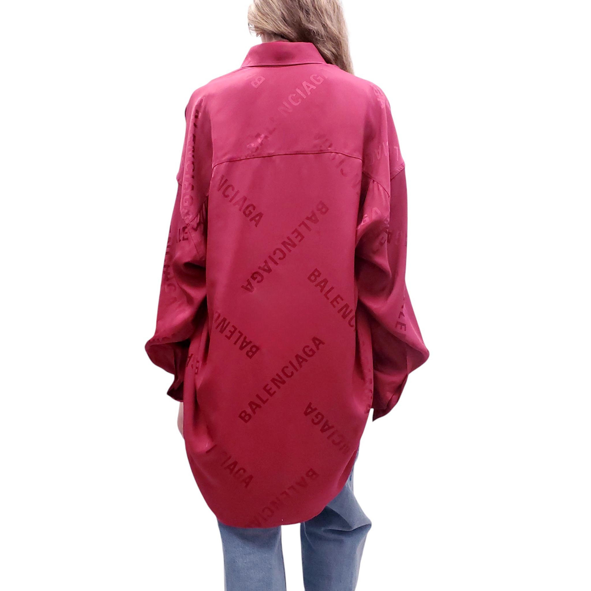 BALENCIAGA OVERSIZED BURGUNDY LOGO PRINT BLOUSE - SIZE S