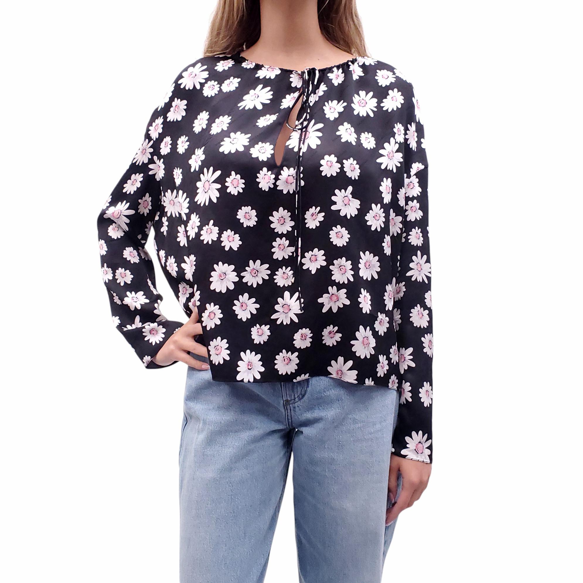 BALENCIAGA OVERSIZED BLACK AND PINK FLORAL SILK BLOUSE - SIZE 36