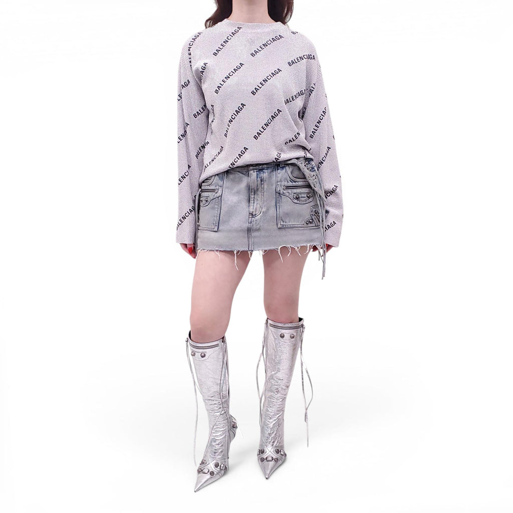 BALENCIAGA SILVER CRYSTAL LOGO BLOUSE - SIZE S