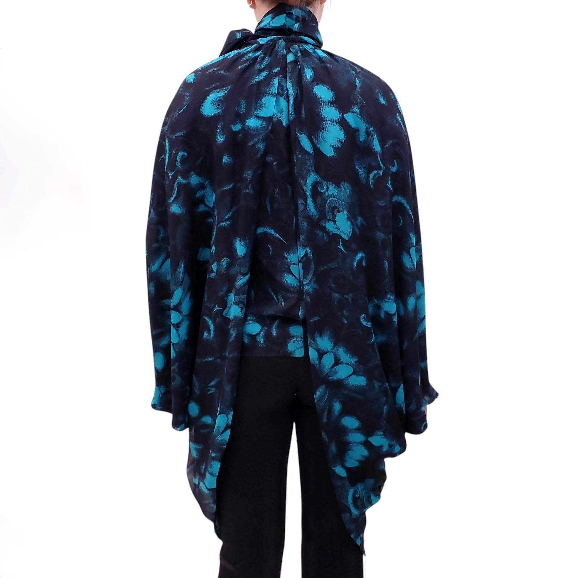 DRIES VAN NOTEN BLACK AND TURQUOISE DRAPED BLOUSE - SIZE L