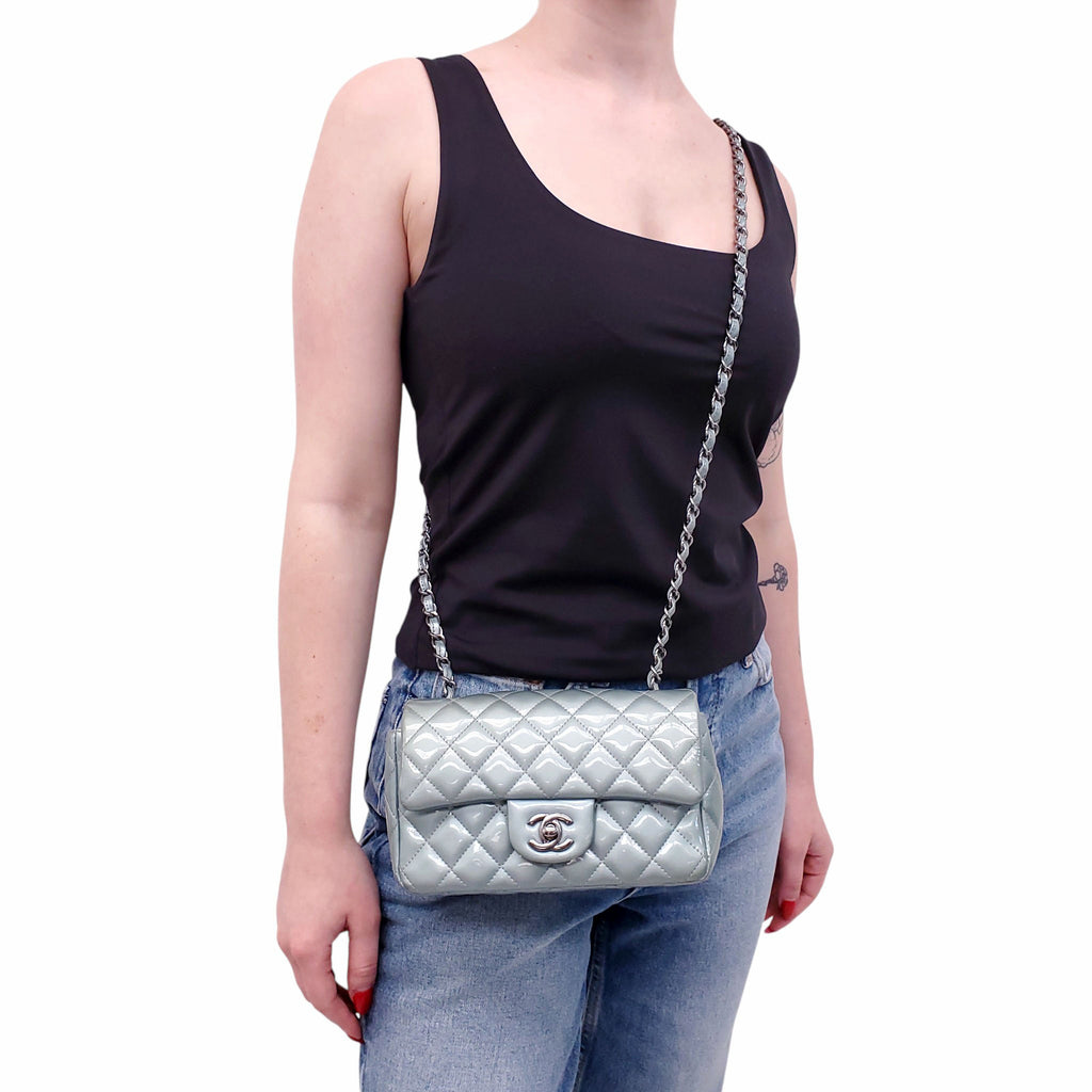CHANEL METALLIC BLUE PATENT MINI FLAP BAG