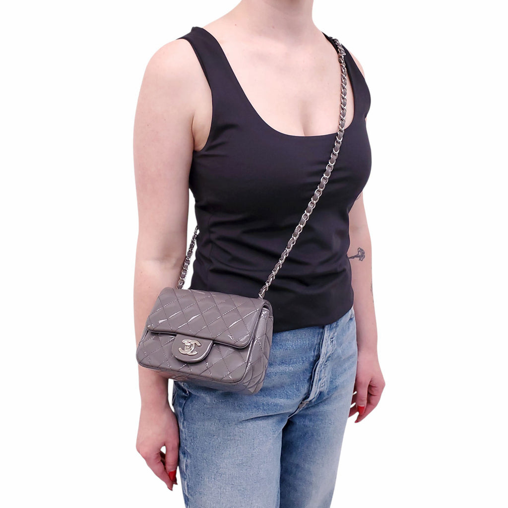 CHANEL GREY PATENT SQUARE FLAP BAG