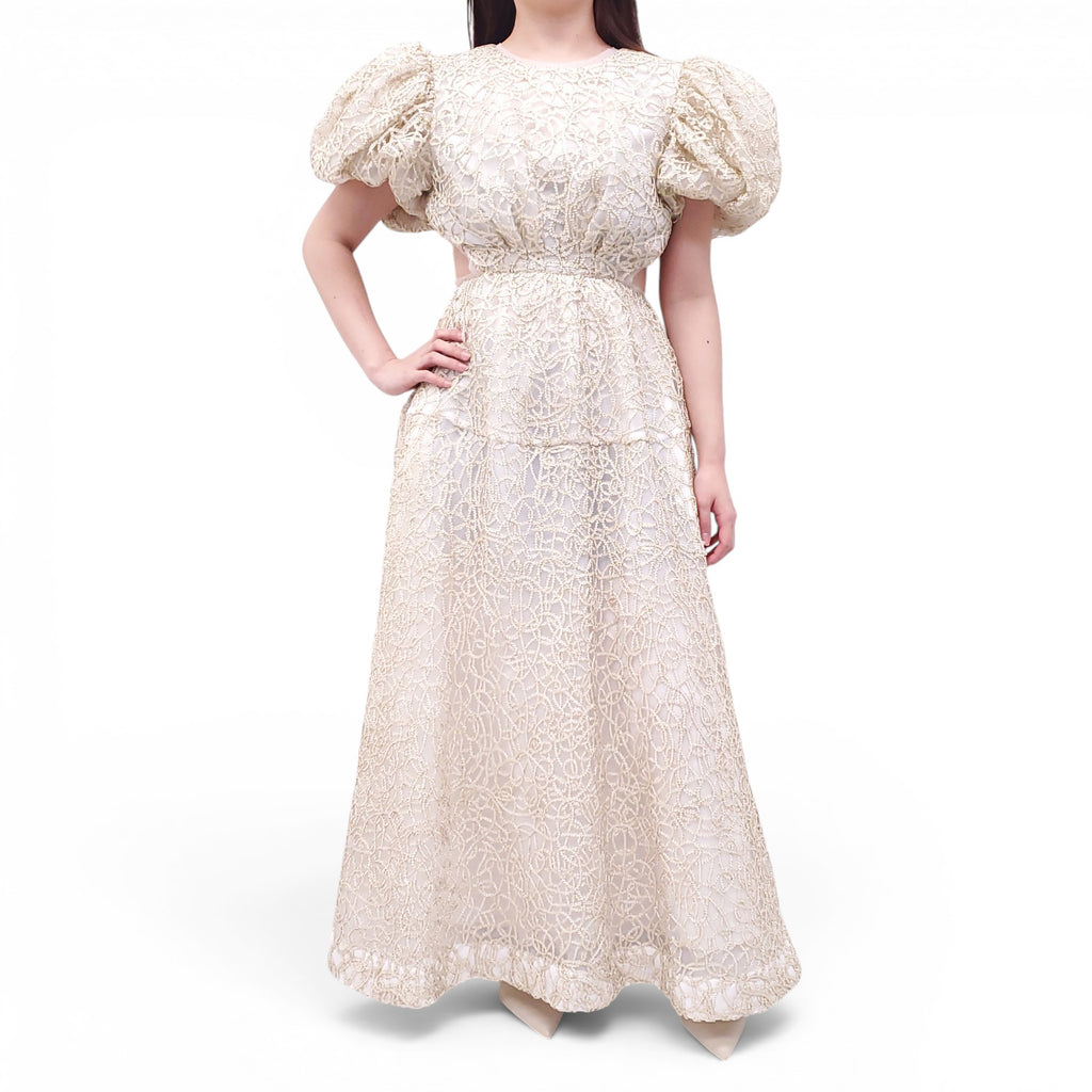 AJE IVORY AND GOLD 'PATINA' LACE MIDI DRESS - SIZE US 6