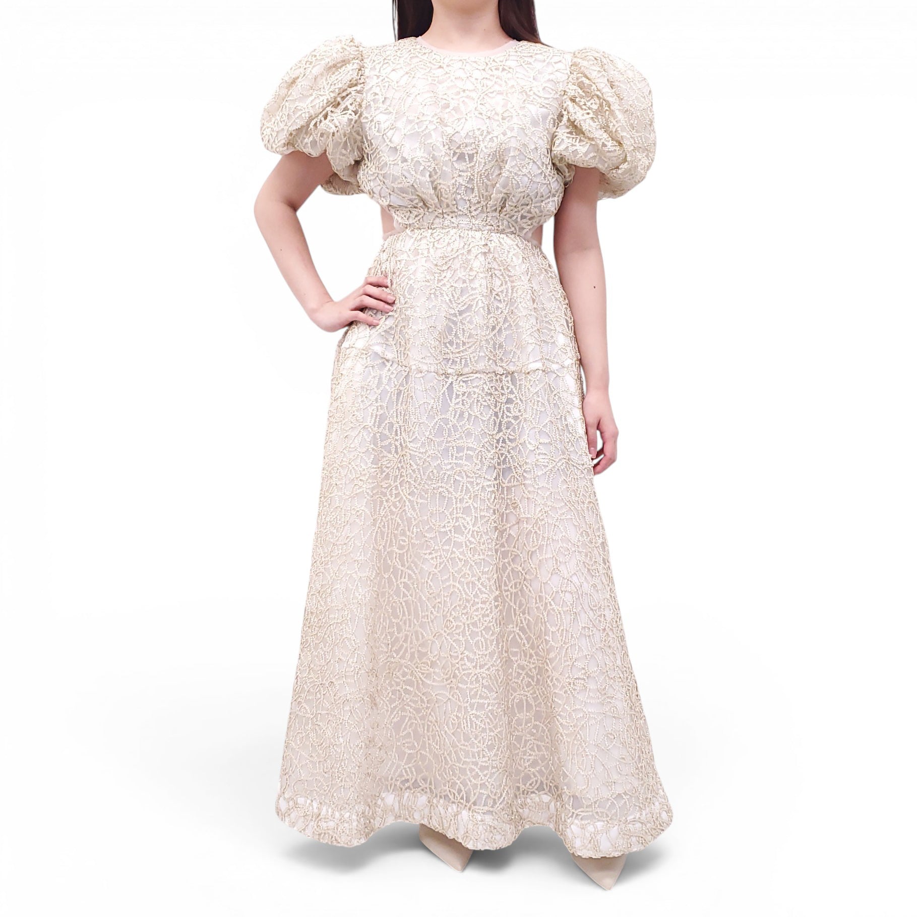 AJE IVORY AND GOLD 'PATINA' LACE MIDI DRESS - SIZE US 6