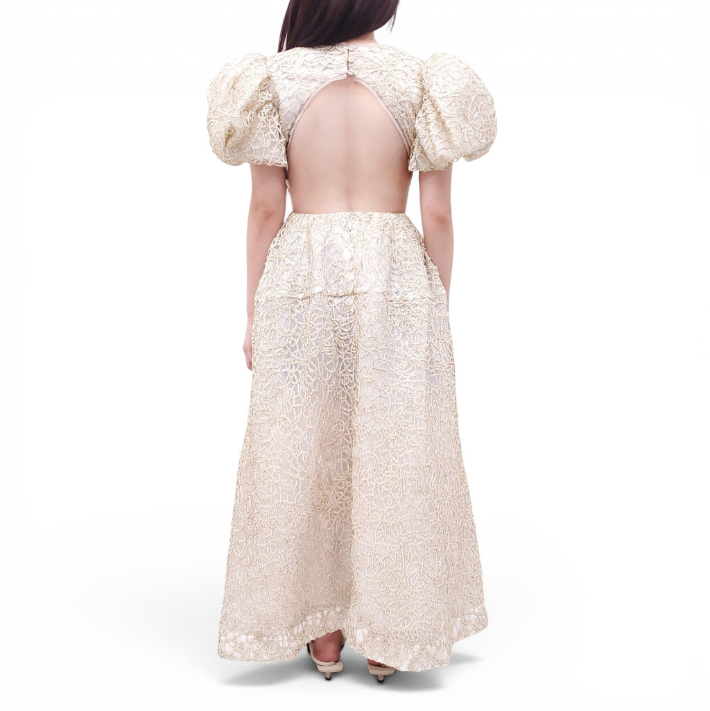 AJE IVORY AND GOLD 'PATINA' LACE MIDI DRESS - SIZE US 6